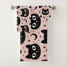 Schattige Zwarte Katten & Hemelse Halloween Bad Handdoek