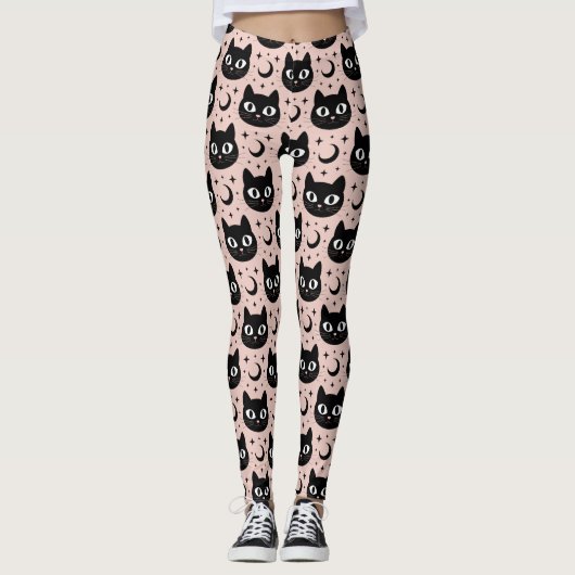 Schattige Zwarte Katten & Hemelse Halloween Leggings (Voorkant)
