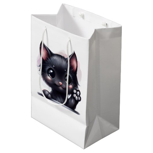 Schattige zwarte Kawaii-kat Medium Cadeauzakje (Voorkant Gekanteld)