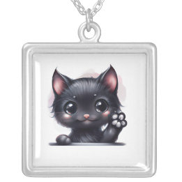 Schattige zwarte Kawaii-kat Zilver Vergulden Ketting