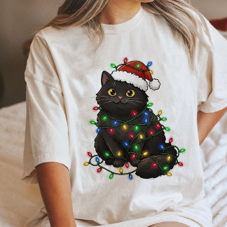 Schattige Zwarte Kerstkat Verward in Lichtjes Tri-Blend Shirt