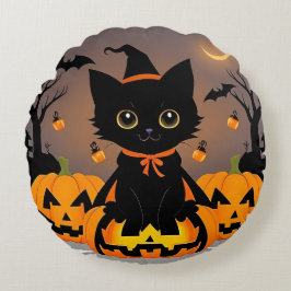 Schattige zwarte kitten in heks Pet Rond Kussen