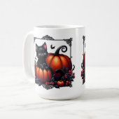 Schattige zwarte kitten met pompoenen koffiemok (Voorkant links)