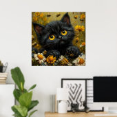 Schattige zwarte kitten tussen de bloemen poster (Thuiskantoor)