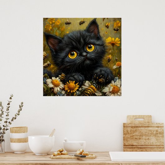 Schattige zwarte kitten tussen de bloemen poster (Keuken)