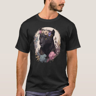 Schattige Zwarte Luipaard Waterverf Bloemen Kroon T-shirt