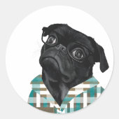 Schattige zwarte pug met bril ronde sticker (Voorkant)