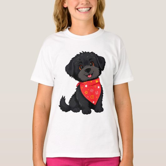 Schattige zwarte puppy met een rode bandana t-shirt (Voorkant)