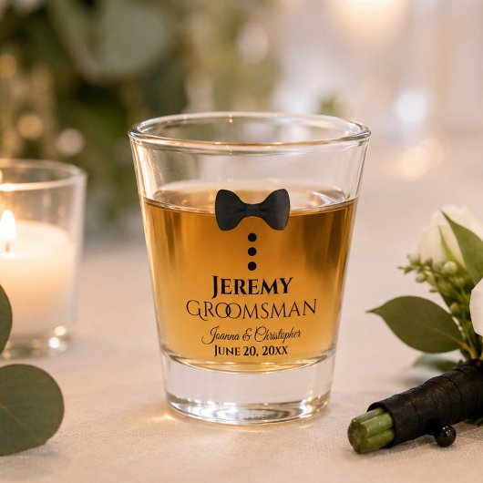 Schattige zwarte strik smoking bruidsjonker bruilo shot glas