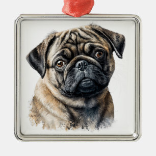 SCHATTIGE ZWARTE & TAN PUG PUPPY DOG METALEN ORNAMENT
