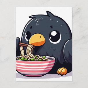 Schattige zwarte vogel die erwten en noedels eet briefkaart