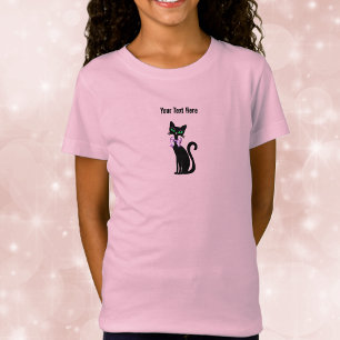 Schattige Zwarte Vrouwelijke Kat Roze Strik Groene T-shirt