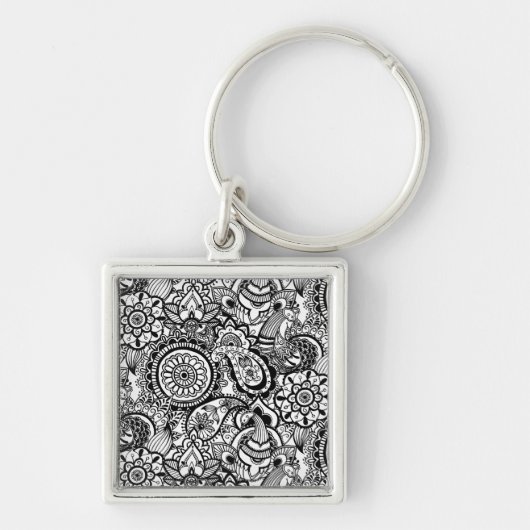 Schattige zwarte witte bloemen paisley sleutelhanger (Voorkant)