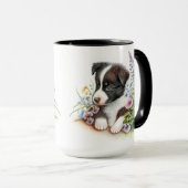 SCHATTIGE ZWARTE WITTE GRENSCOLLIE PUPPY DOG MOK (Voorkant rechts)