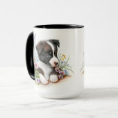 SCHATTIGE ZWARTE WITTE GRENSCOLLIE PUPPY DOG MOK (Voorkant links)