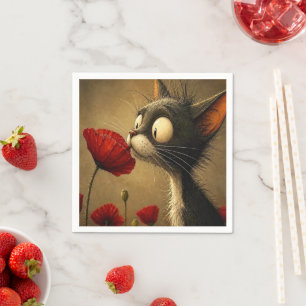 Schattige Zwarte & Witte Kat Rode Bloem Papieren S Servet