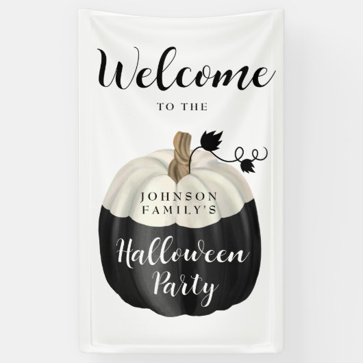 Schattige Zwarte & Witte Pompoen Halloween Feest V Spandoek (Verticaal)