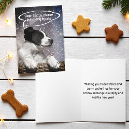 Schattige Zwarte Witte Puppy Dromend in Sneeuwval  Feestdagen Kaart