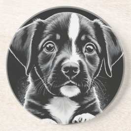 Schattige Zwarte & Witte Puppy – Hondenliefhebber  Zandsteen Onderzetter