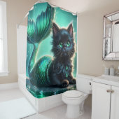 schattige zwarte zeemeermin kitten met groene ogen douchegordijn (In situ)