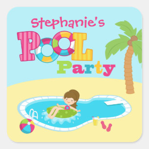 Schattige zwembad feest meisjes verjaardagsfeestje vierkante sticker