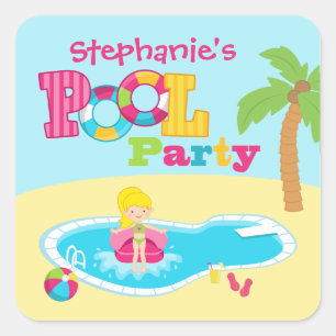 Schattige zwembad feest meisjes verjaardagsfeestje vierkante sticker