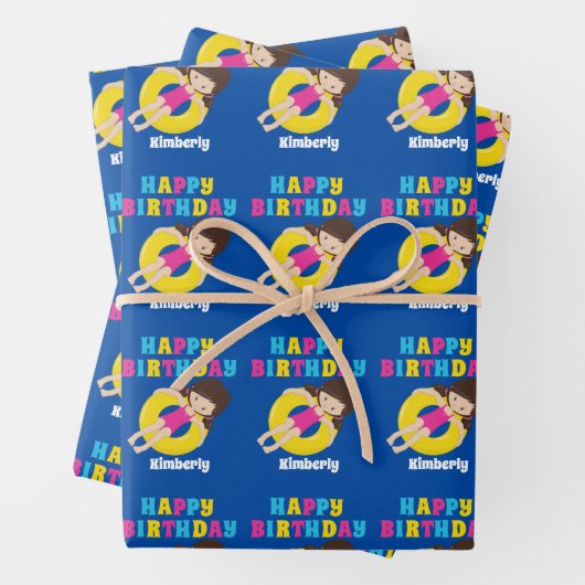 Schattige Zwembad Meisje Aangepaste Zwemmer Verjaa Inpakpapier Vel (In situ)