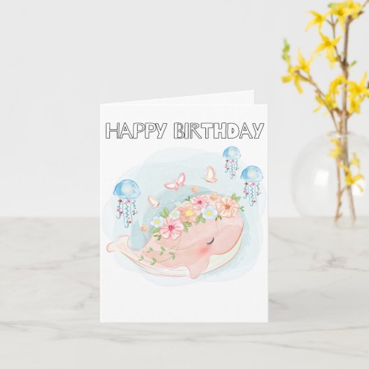 Schattige Zwemwalvis Happy Birthday Kaart (Gele Bloem)