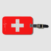 Schattige Zwitserse Koeien over de Zwitserse vlag Bagagelabel (Voorkant (horizontaal))