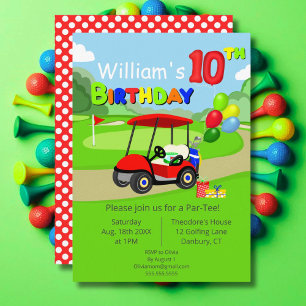 Schattigee 10e Verjaardag Rode Golf Cart Boy's Kaart