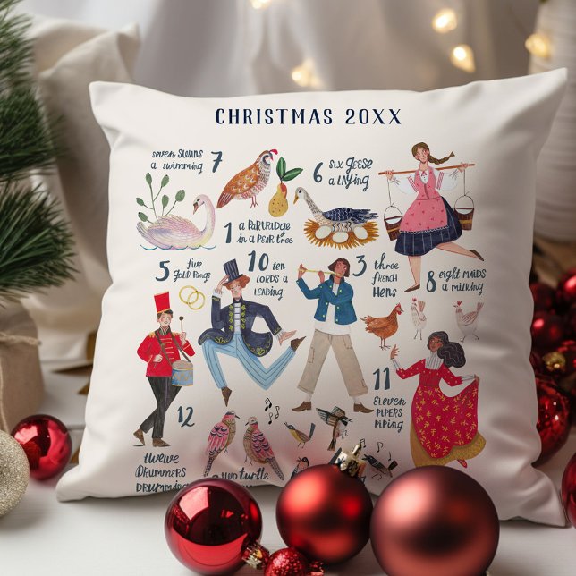 Schattigee 12 dagen van Christmas Classic Illustra Kussen (12 Days of Christmas custom year traditional classic illustration holiday throw pillow decor.)