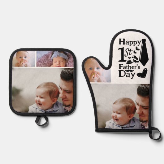 Schattigee 1e Vaderdag Script 3 Fotocollage Ovenwant & Pannenlap Set (Voorkant)