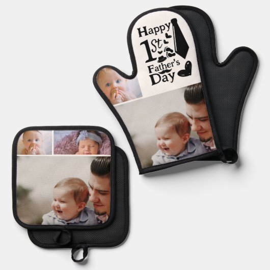 Schattigee 1e Vaderdag Script 3 Fotocollage Ovenwant & Pannenlap Set (Voorkant / Achterkant)