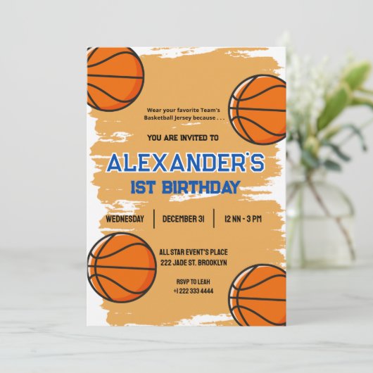 Schattigee 1e verjaardag Basketbal Uitnodiging (Staand voorkant)