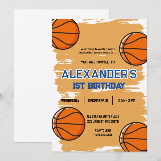 Schattigee 1e verjaardag Basketbal Uitnodiging (Voorkant / Achterkant)