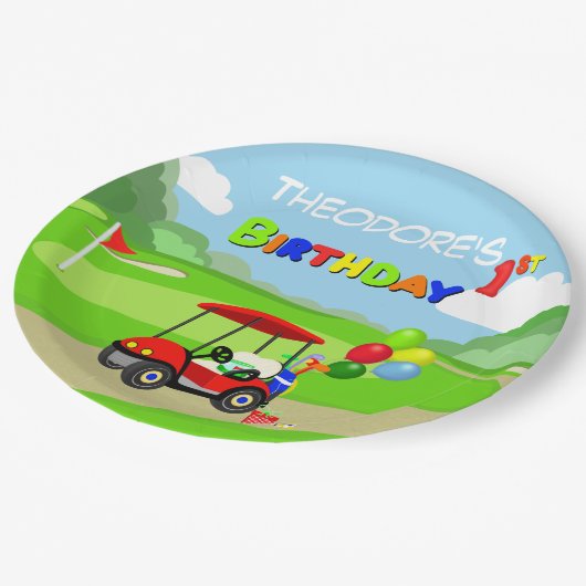 Schattigee 1e Verjaardag Rode Golfkar Jongen's Papieren Bordje (Gekanteld)