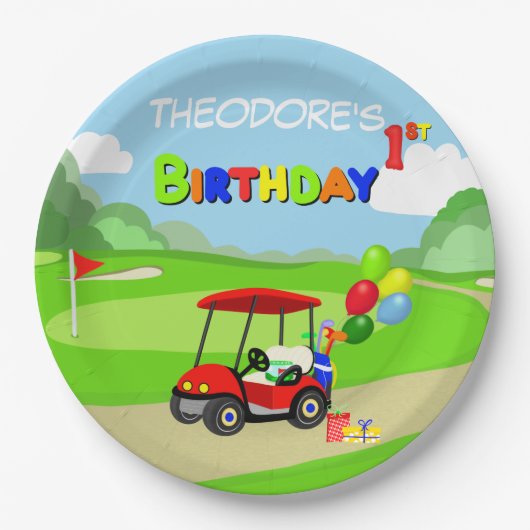 Schattigee 1e Verjaardag Rode Golfkar Jongen's Papieren Bordje (Voorkant)