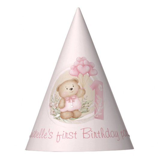 Schattigee 1e Verjaardag Teddybeer Roze Party Pett Feesthoedjes (Voorkant)