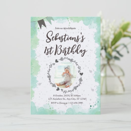 Schattigee 1e verjaardag uitnodiging (Staand voorkant)