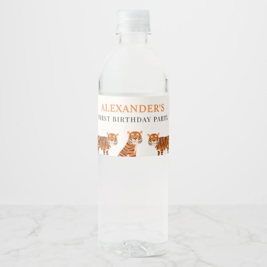 Schattigee 1e Verjaardag Wild One Tiger Waterfles Etiket (Voorkant)