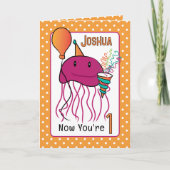 Schattigee 1e Verjaardag Zee Dier Cartoon Kwal Kaart (Voorkant)