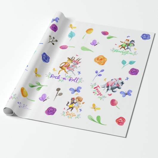 Schattigee 1e verjaardagsfeest bosdieren dansen cadeaupapier (Uitgerold)