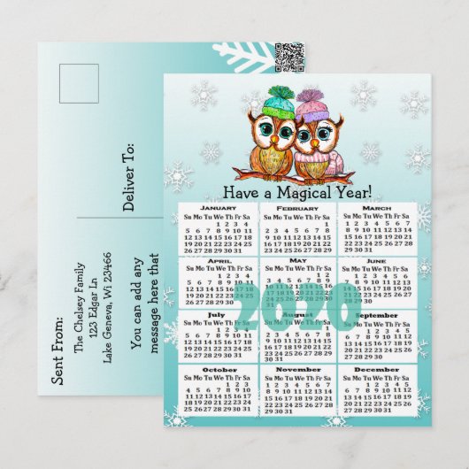 Schattigee 2020 grillige uilen minikalender briefkaart (Voorkant / Achterkant)