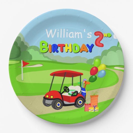 Schattigee 2e Verjaardag Rode Golfkar Jongen's Papieren Bordje (Voorkant)