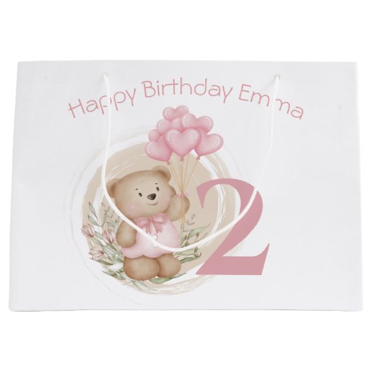 Schattigee 2e Verjaardag Roze Beer Gift Bag Voor M Groot Cadeauzakje (Voorkant)