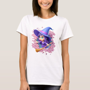 Schattigee 3D Halloween-heks breekt door een muur T-shirt