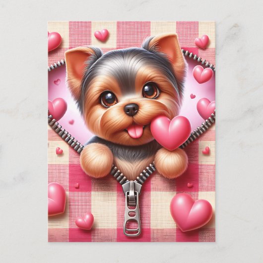 Schattigee 3D Puppy op een roze en witte achtergro Briefkaart (Voorkant)