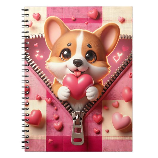 Schattigee 3D Puppy op een roze en witte achtergro Notitieboek (Voorkant)