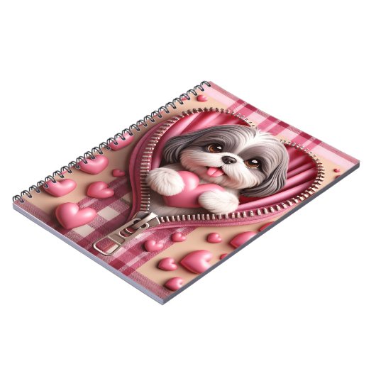 Schattigee 3D Puppy op een roze en witte achtergro Notitieboek (Linkerzijde)