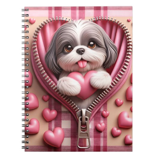 Schattigee 3D Puppy op een roze en witte achtergro Notitieboek (Voorkant)